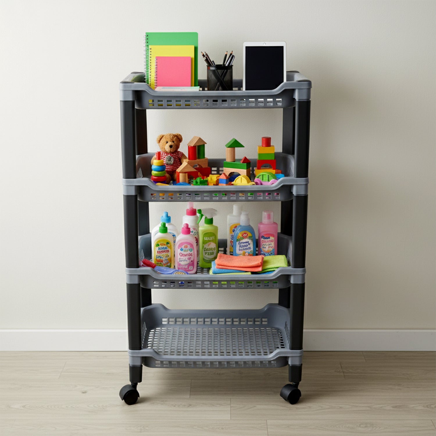 Wukusy Apex 4-layer plastic storage rack with multiple shelves for home and kitchen organization.