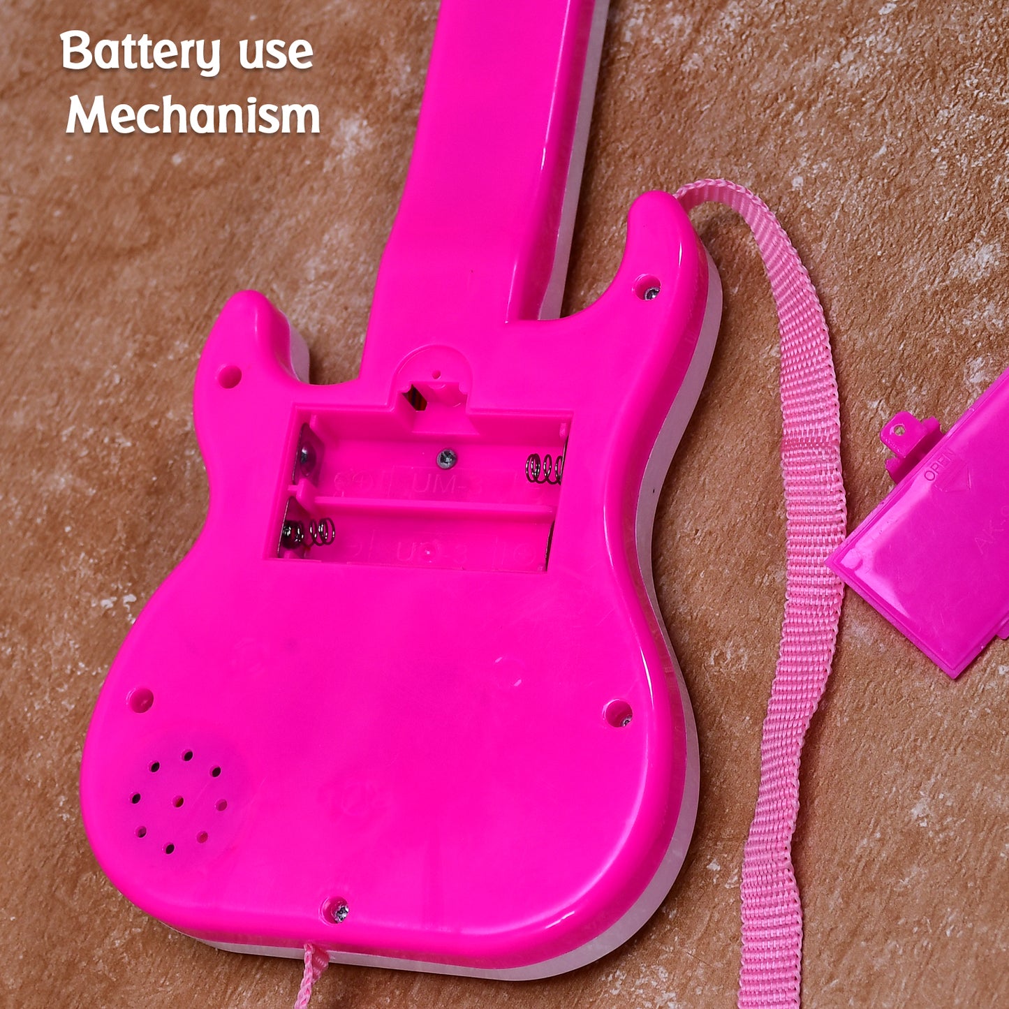 Wukusy battery-operated mini guitar toy with lights for kids age 3 and up, featuring colorful design and musical features.