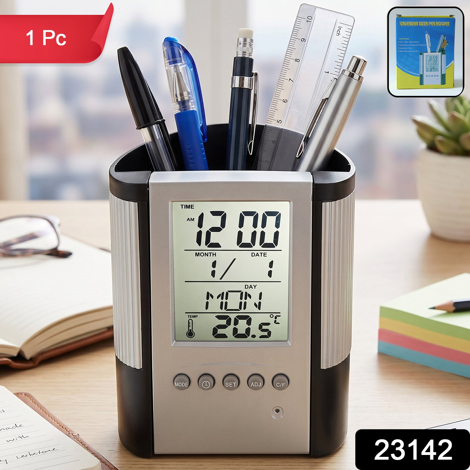Wukusy multifunction digital desk calendar clock with pen holder showing large digital display and organized workspace setup