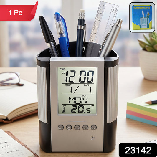 Wukusy multifunction digital desk calendar clock with pen holder showing large digital display and organized workspace setup