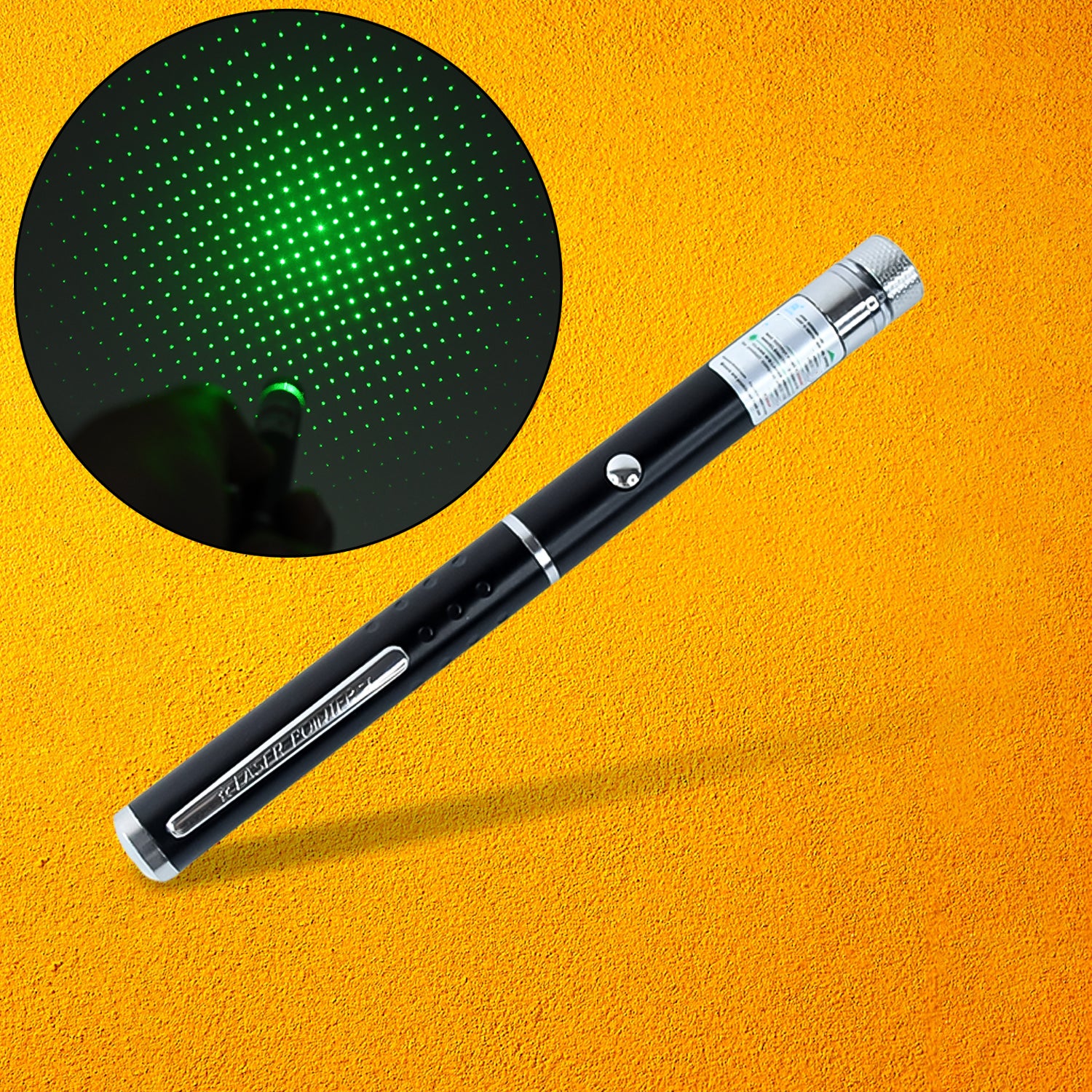 Wukusy high-power laser pointer pen with 2 AA batteries, toy gadget shown with sleek black design and laser tip in use.