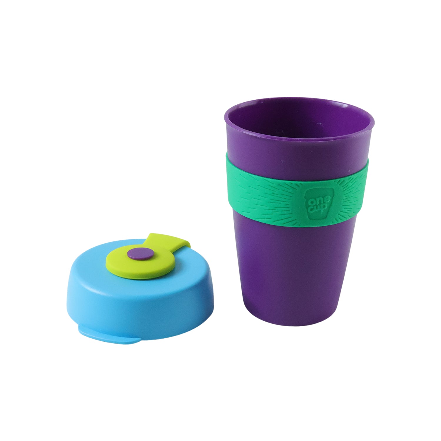 Reusable colorful travel mug with secure silicone lid, 400ml capacity, by Wukusy, shown with vibrant design and leak-proof lid.