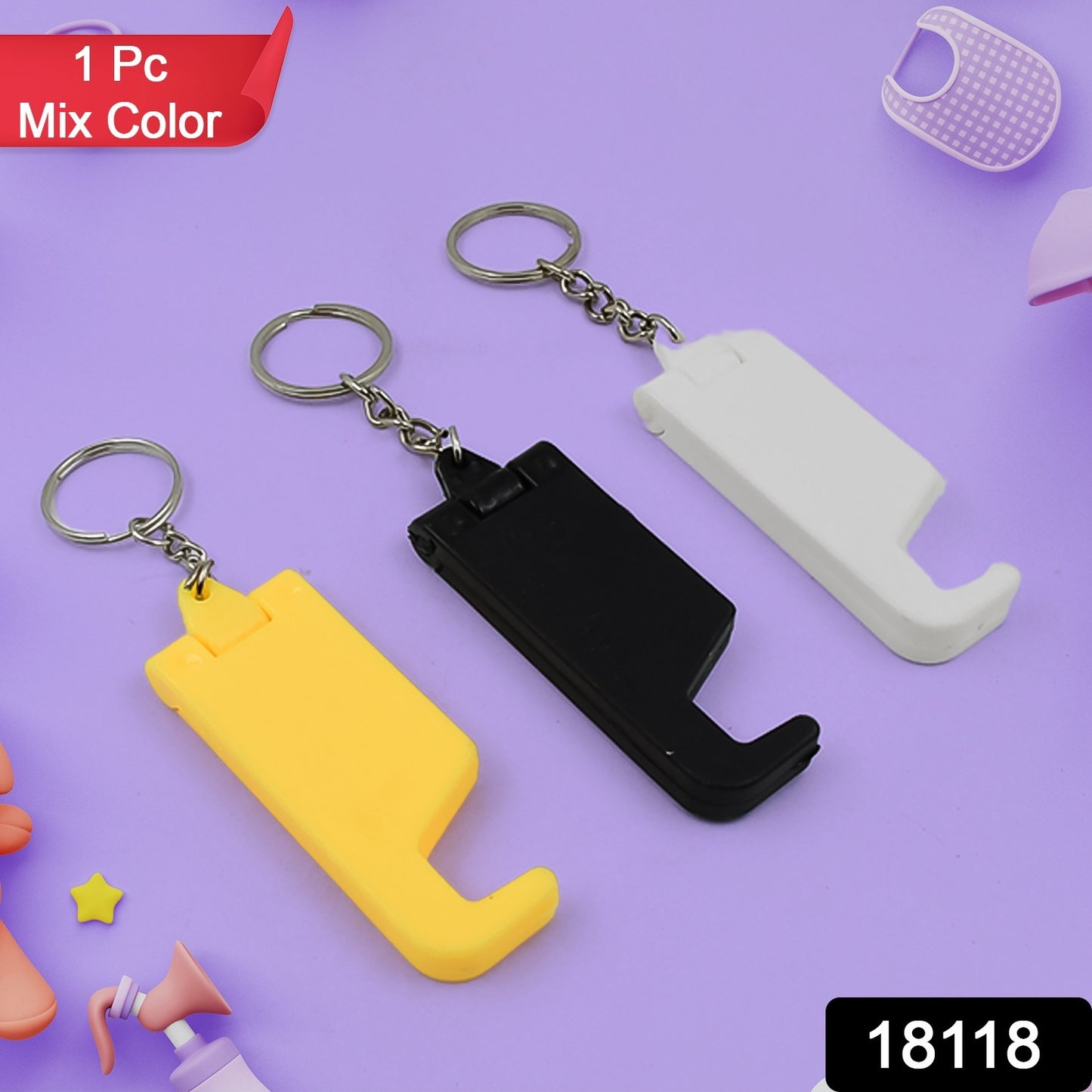 Wukusy 2-in-1 plastic keychain with mobile stand and phone holder in multicolor, compact and practical for everyday use.