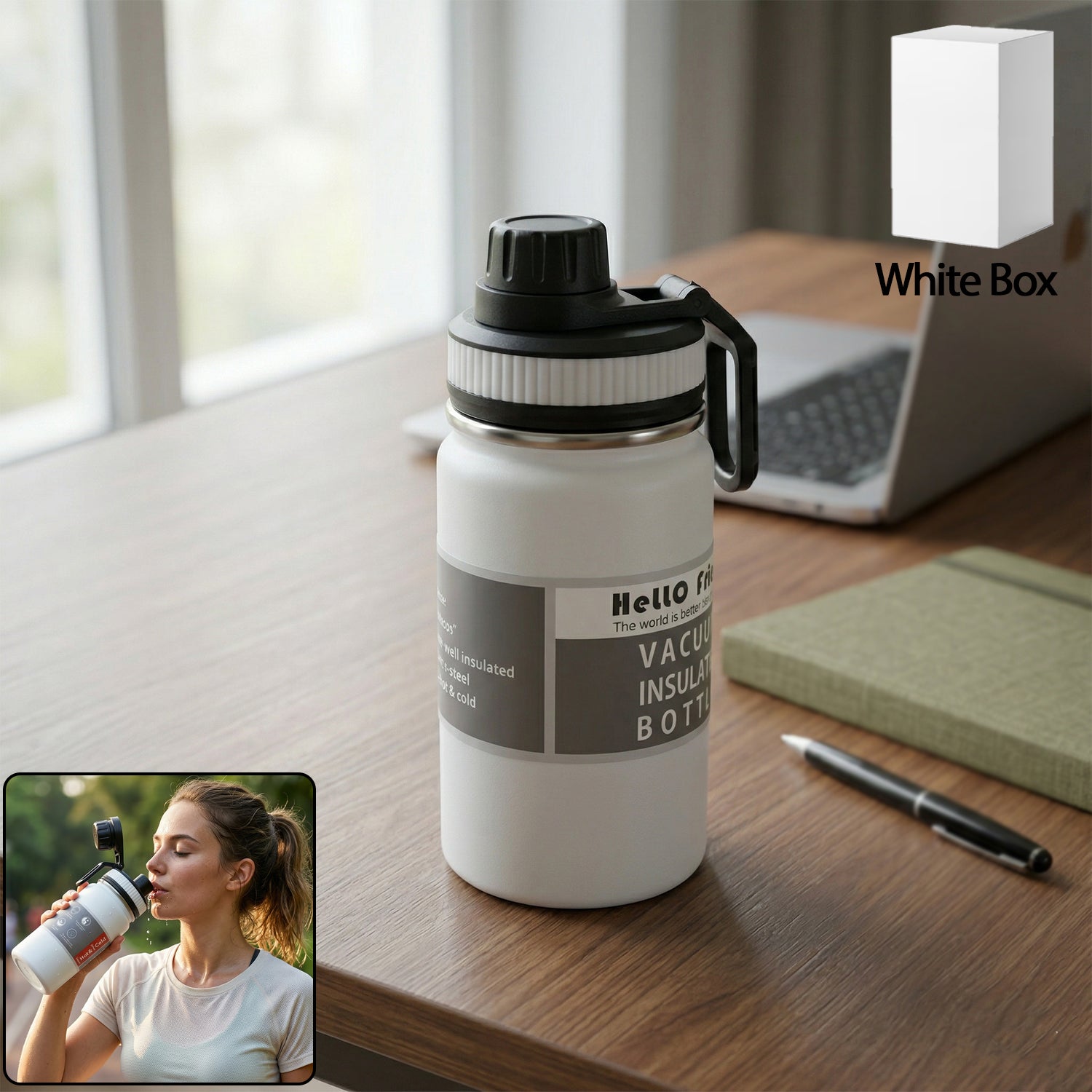 Wukusy compact 400ml vacuum insulated water bottle with stainless steel body and leak-proof lid on a white background