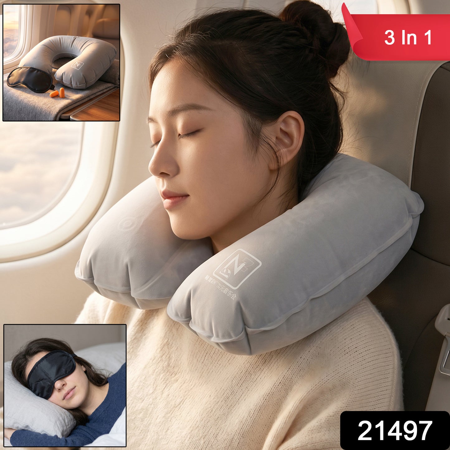 Wukusy 3-in-1 travel comfort kit with neck pillow, eye mask, and earplugs for enhanced in-flight relaxation