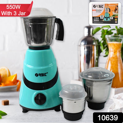 Wukusy Orbit mixer grinder with three stainless steel jars and 550W motor, ideal for home and kitchen blending and grinding tasks.