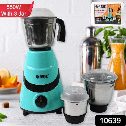 Wukusy Orbit mixer grinder with three stainless steel jars and 550W motor, ideal for home and kitchen blending and grinding tasks.