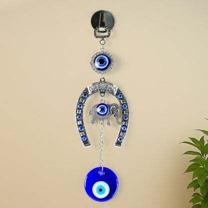 Decorative evil eye wind chime with elephant and horseshoe motifs, hanging ornament by Wukusy, featuring colorful glass beads and charms.