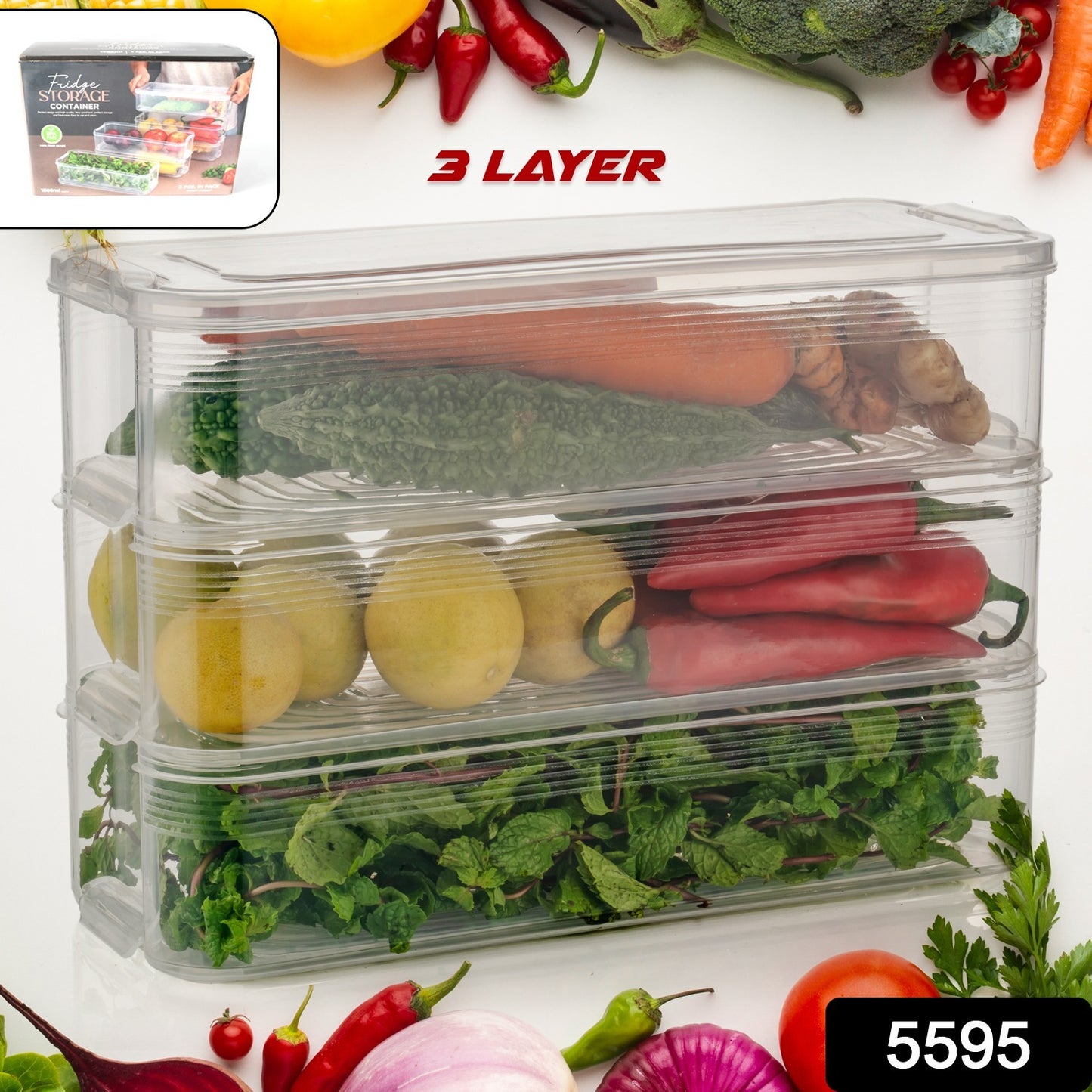 Wukusy 5595 3-pack plastic fridge storage containers with lids, stackable, for fish, meat, vegetables, and fruits, 1500ml.