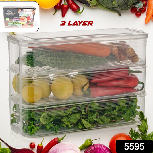 Wukusy 5595 3-pack plastic fridge storage containers with lids, stackable, for fish, meat, vegetables, and fruits, 1500ml.