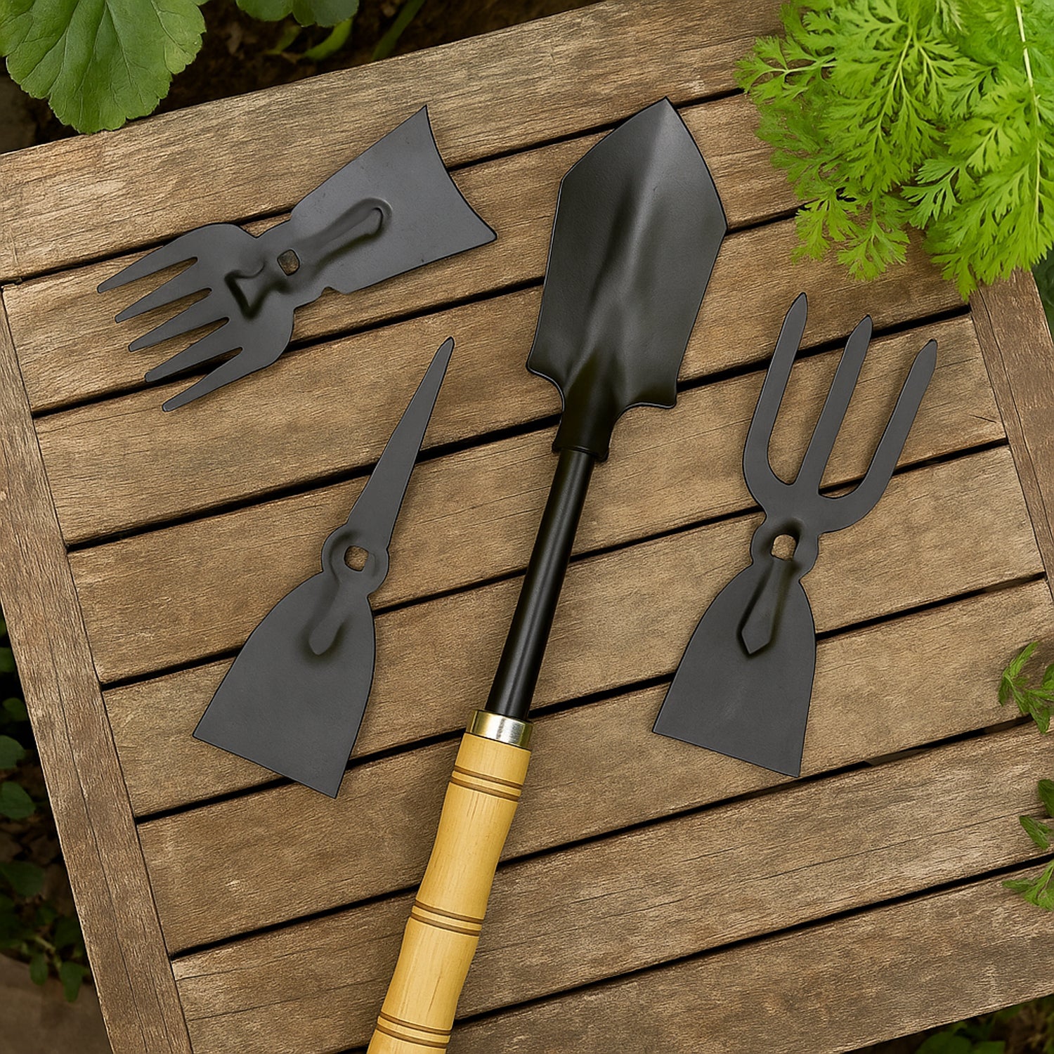 Wukusy 5-in-1 multipurpose gardening hand tool set with trowel, transplanter, weeder, pruner, and cultivator for garden tasks