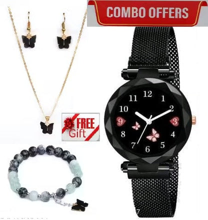 Women’s butterfly design analog watch with bracelet, necklace, and earrings in Drpshippr’s women’s jewelry gift set.