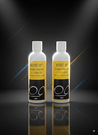 Drpshippr Boost Up Catalytic Converter Cleaner & Fuel Injector bottles, 100 ml each, shown in a home and kitchen setting.