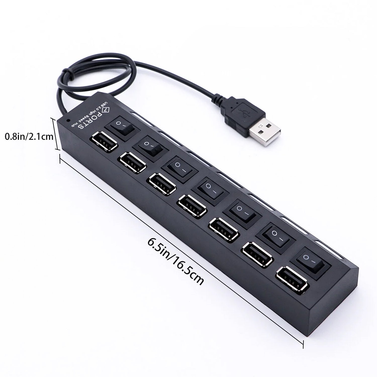 Wukusy 7-port USB 2.0 splitter hub with independent on/off switches and LED indicators connected to a computer and multiple devices.