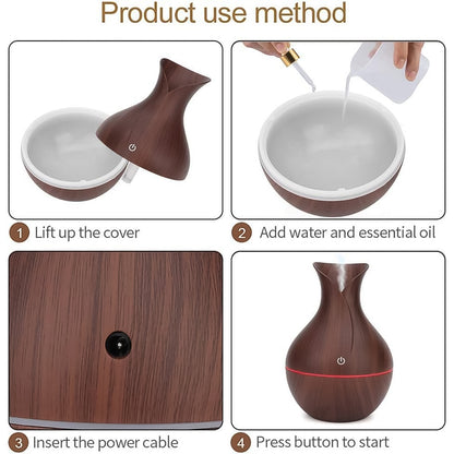 Wukusy mini wooden vase diffuser humidifier on office desk, cool mist atomization, 130ml capacity, compact and stylish design