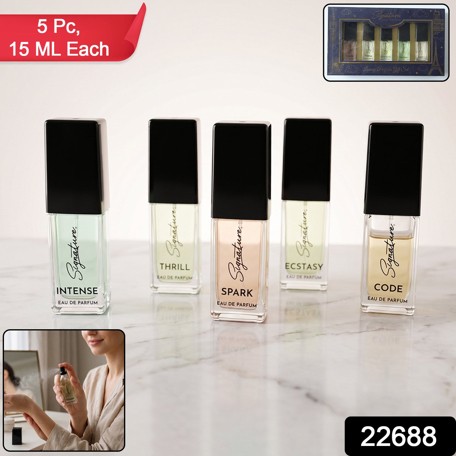 Wukusy Signature Luxury Perfume Gift Set with five 15ml bottles, elegant packaging and variety of designer fragrances.