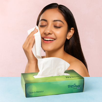 Wukusy Freshee premium skin-friendly facial tissues in a 100-piece box, 18x20 cm, soft and gentle for sensitive skin.