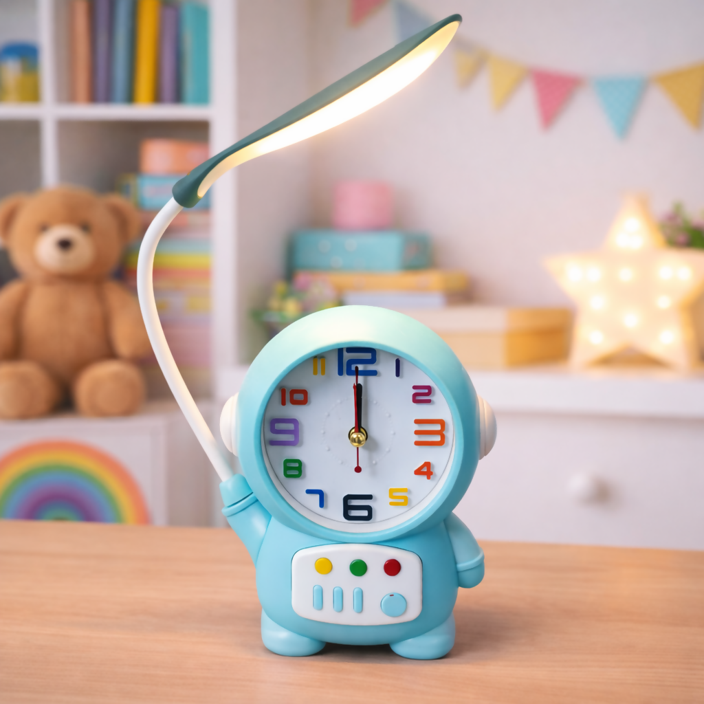 Wukusy astronaut table lamp with built-in clock, ideal for kids' study desks and bedroom decor, featuring a playful space theme
