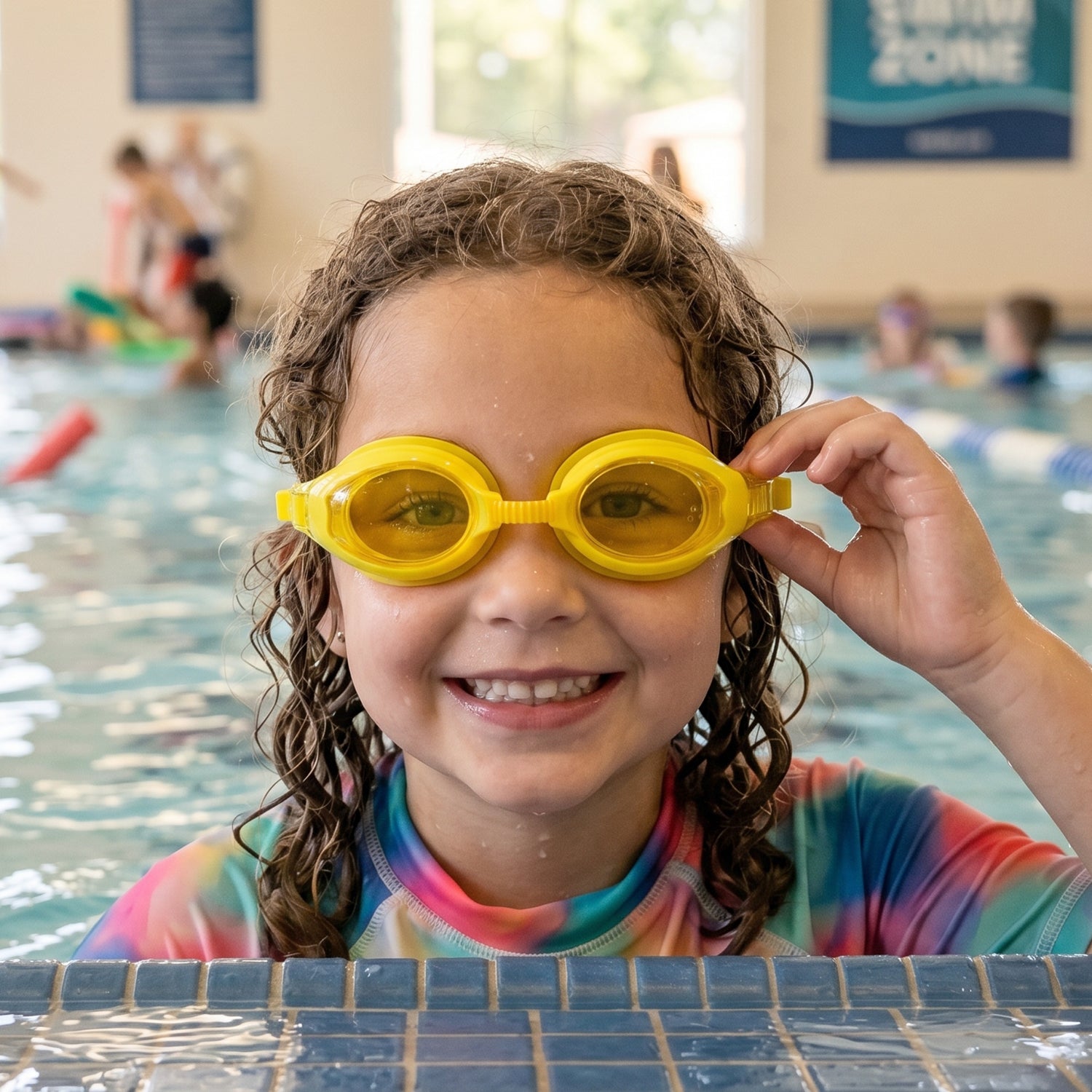 Kids colorful swimming goggles with anti-leak seal and adjustable strap, featuring vibrant blue and yellow accents.