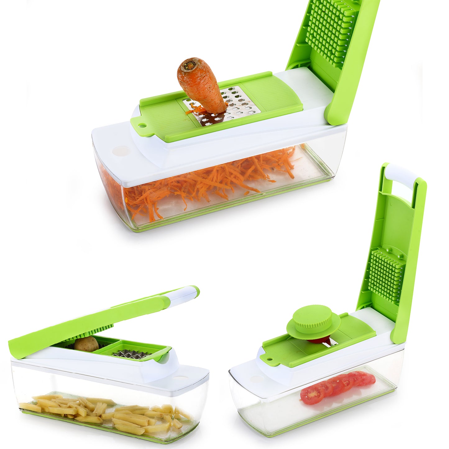 Wukusy 8110 House of Sensation Snowpearl 14-in-1 quick dicer with stainless steel blades on a cutting board.