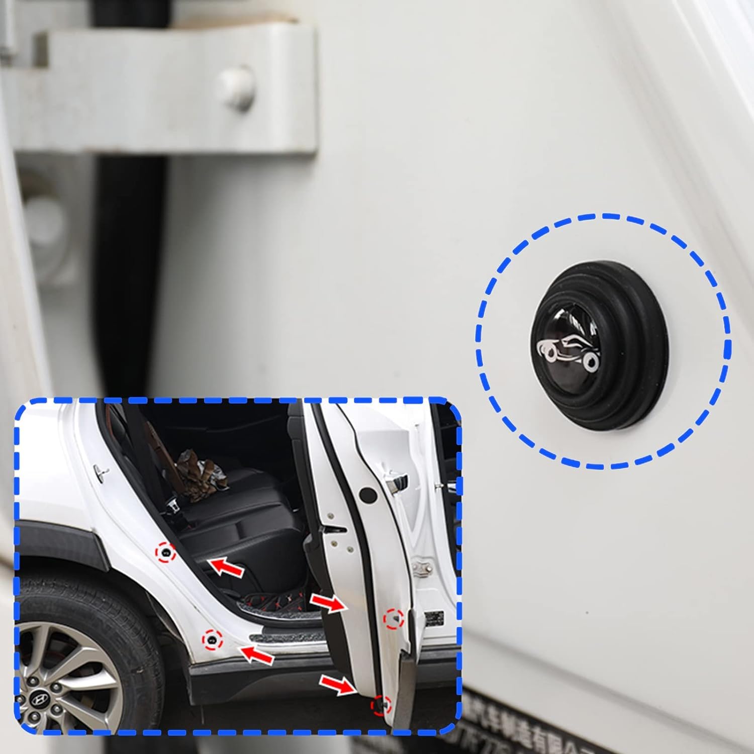 Set of 100 Wukusy car door shock absorber protection stickers applied to car door edges for damage prevention.