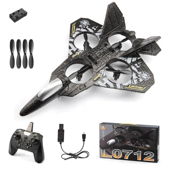 Electronic toy RC plane by 4356, 2.4 GHz remote-controlled jet fighter and quadcopter aircraft with detailed airplane design.