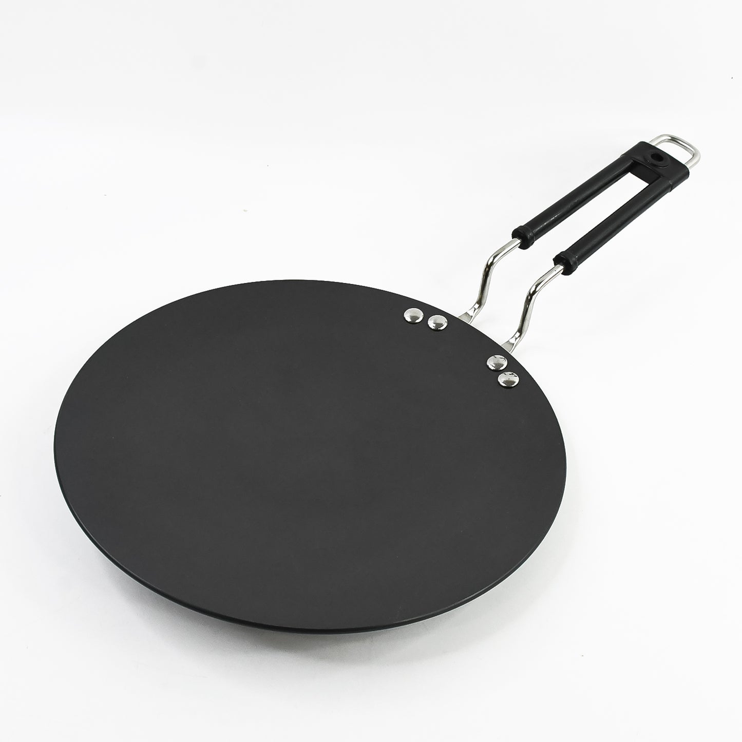 Wukusy 9-inch compact non-stick flat roti tawa for making flatbreads, featuring a smooth cooking surface and sturdy handle.