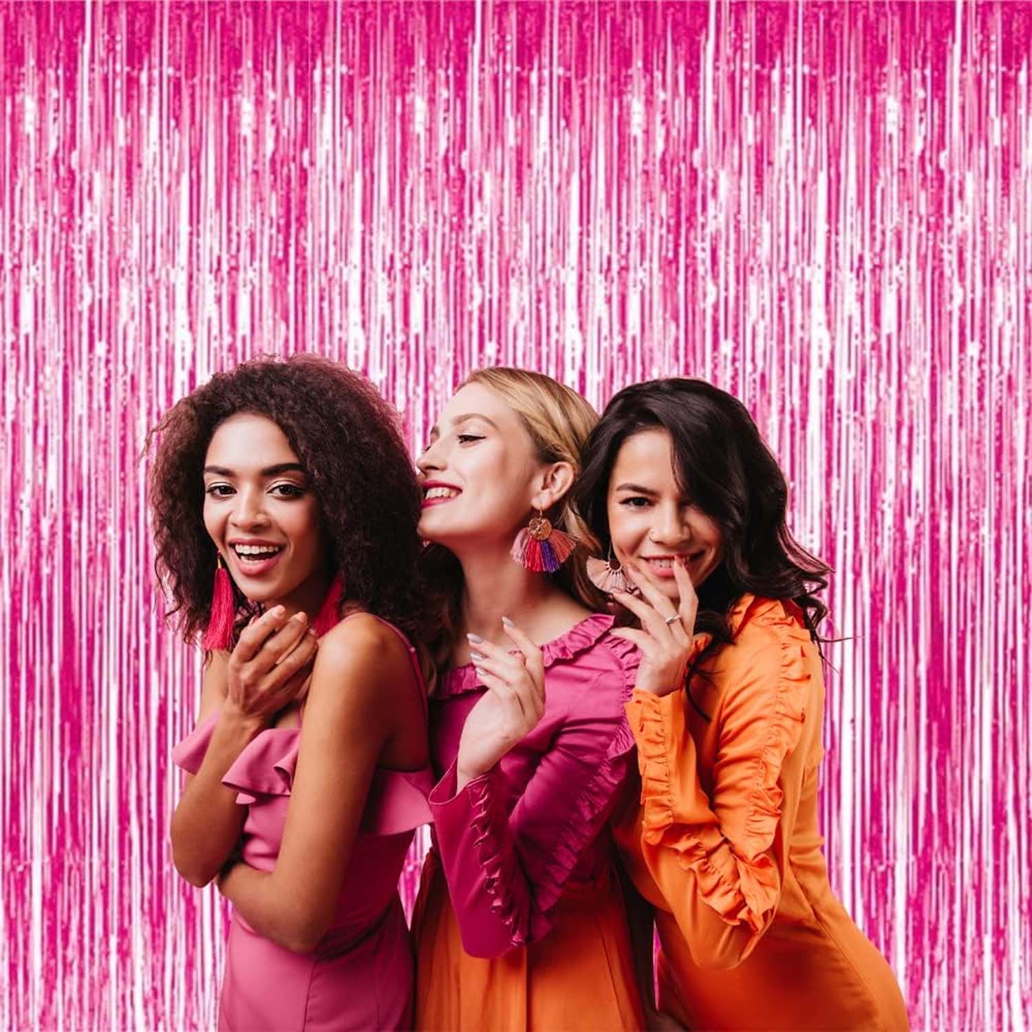 Colorful foil fringe curtain for birthday party decoration by Wukusy, featuring shiny, reflective strips perfect for celebratory backgrounds.