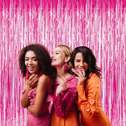 Colorful foil fringe curtain for birthday party decoration by Wukusy, featuring shiny, reflective strips perfect for celebratory backgrounds.