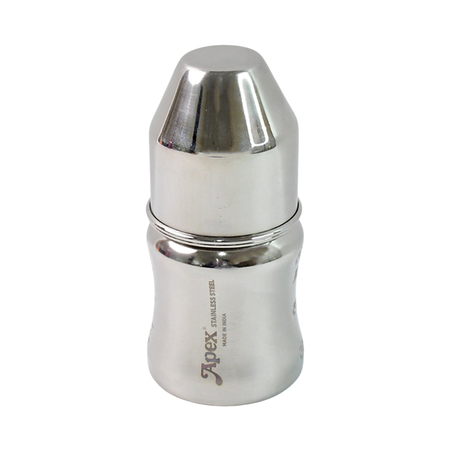 Wukusy Apex Premium stainless steel baby feeding bottle with 125ml capacity, featuring a clear design and silicone nipple.