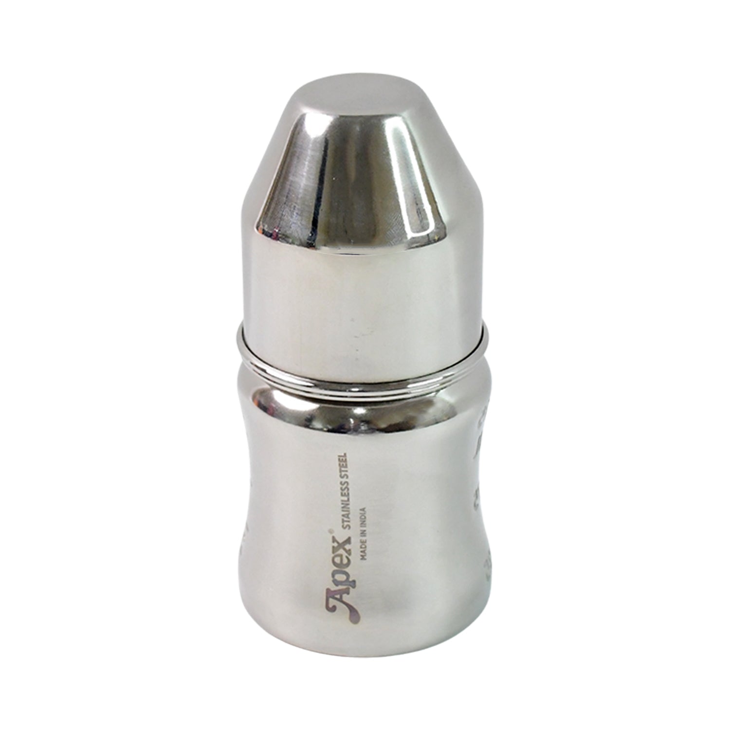 Wukusy Apex Premium stainless steel baby feeding bottle with 125ml capacity, featuring a clear design and silicone nipple.