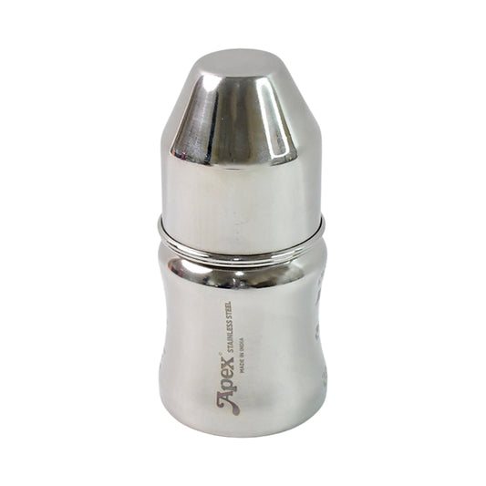 Wukusy Apex Premium stainless steel baby feeding bottle with 125ml capacity, featuring a clear design and silicone nipple.
