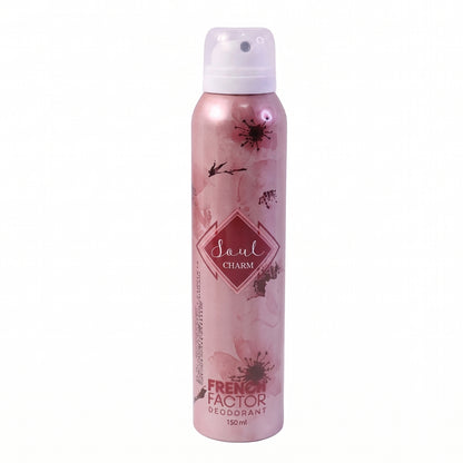 Wukusy French Factor Soul Charm deodorant body spray bottle, 150ml, with sleek packaging and product label visible.