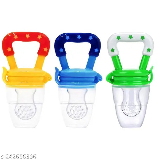 Set of two colorful silicone baby fruit and juice feeders with covers, designed as pacifiers and nibblers for newborns.