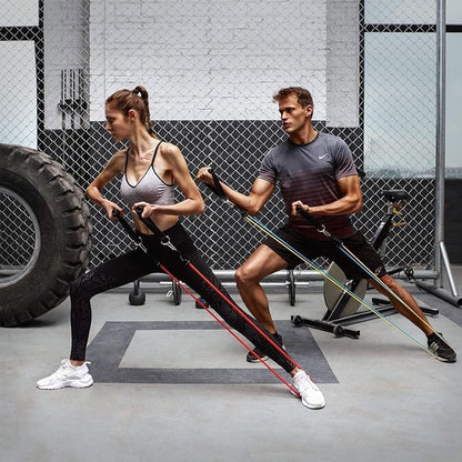 Exercise bands and tubes set by 4485 for workout, fitness, and gym training, suitable for men and women, shown in use.