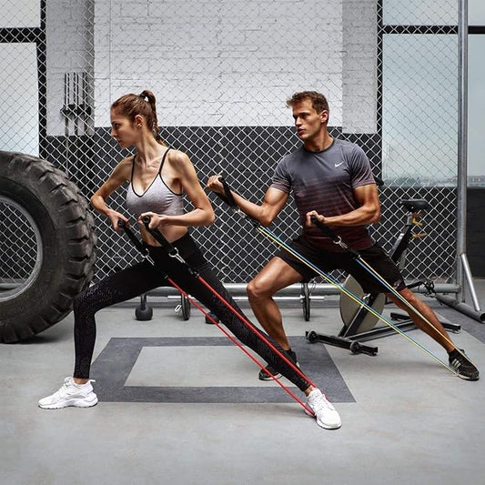 Exercise bands and tubes set by 4485 for workout, fitness, and gym training, suitable for men and women, shown in use.