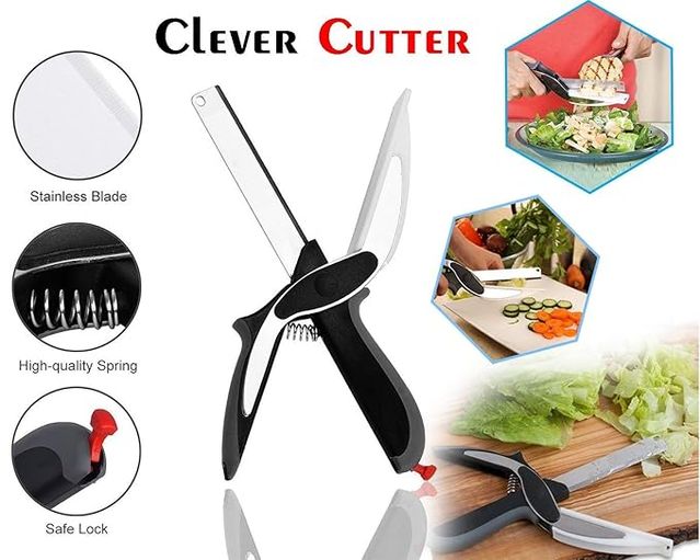 Clever Cutter 2-in-1 food chopper with integrated graters and slicers, compact kitchen tool for chopping and slicing tasks.