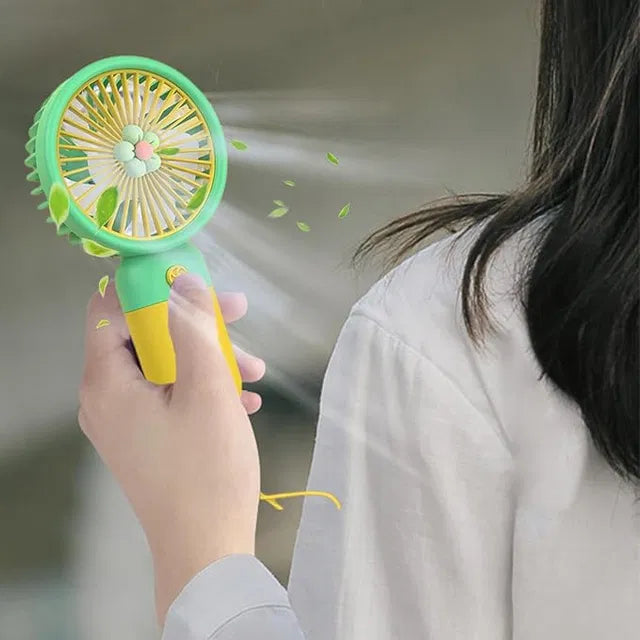 Mini handheld fan by 4485 featuring a little flower design, battery operated, ultra quiet, ideal for outdoor travel and commuting.