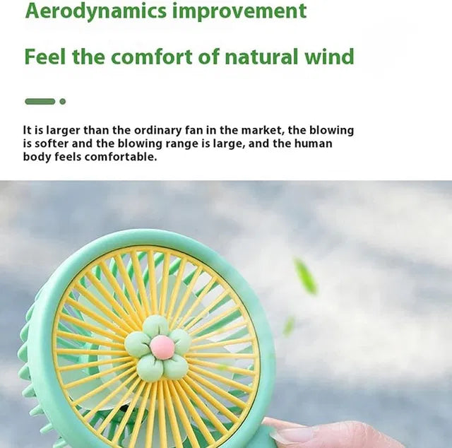 Mini handheld fan by 4485, portable battery-operated fan with a cute flower design, ideal for outdoor travel and commuting.