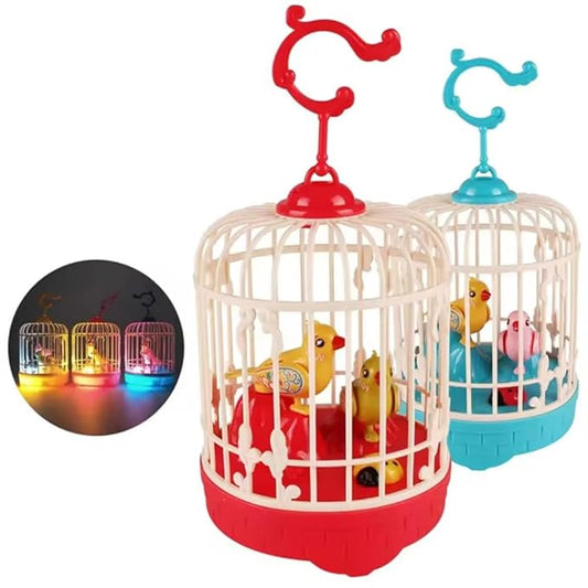 Colorful talking bird cage for kids by 4485, featuring light, music, and voice control, with mini bird figurine inside.