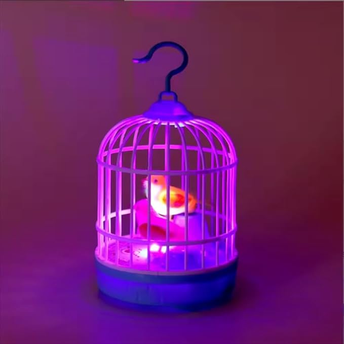 Colorful talking bird cage for kids with light, music, and voice control; includes mini bird and musical toy features.