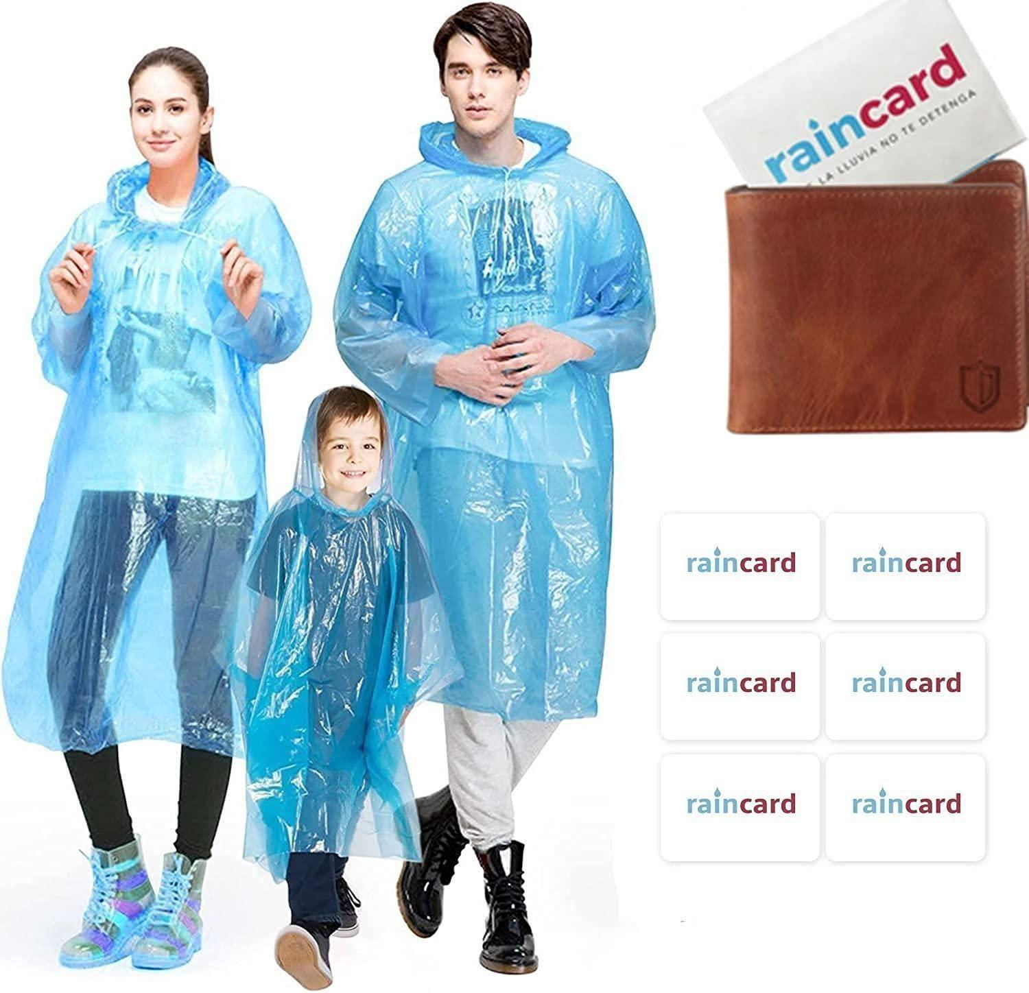 Set of 10 multicolored Fully Reusable Wallet Rain Card Rain Coats for adults, lightweight and waterproof rain protection.