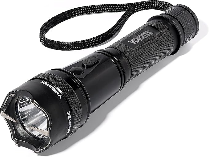 Heavy-duty aluminum stun gun with LED flashlight, rechargeable self-defense torch by 4485, compact and durable for safety.