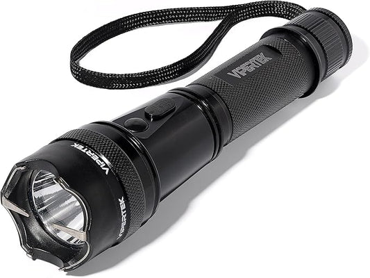 Heavy-duty aluminum stun gun with LED flashlight, rechargeable self-defense torch by 4485, compact and durable for safety.