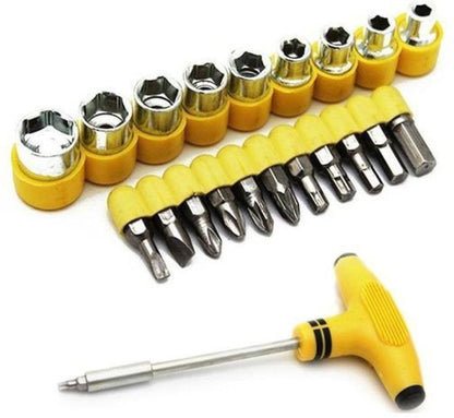 Wukusy 24-piece T-shape screwdriver set with ratchet pawl sockets and spanners, ideal for power and hand tool applications.