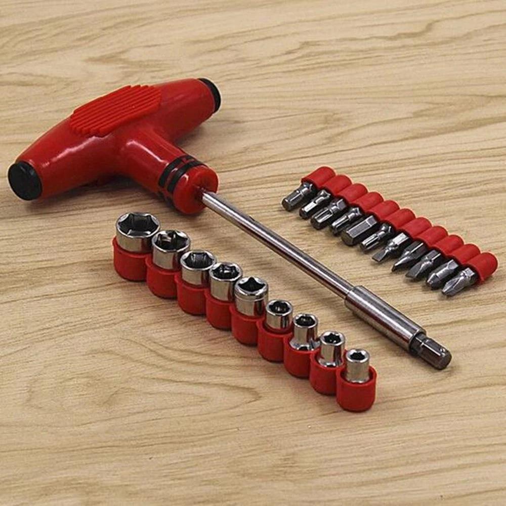 Wukusy 24-piece T-shape screwdriver set with ratchet pawl sockets and spanners, displayed with various hand tools on a white background.