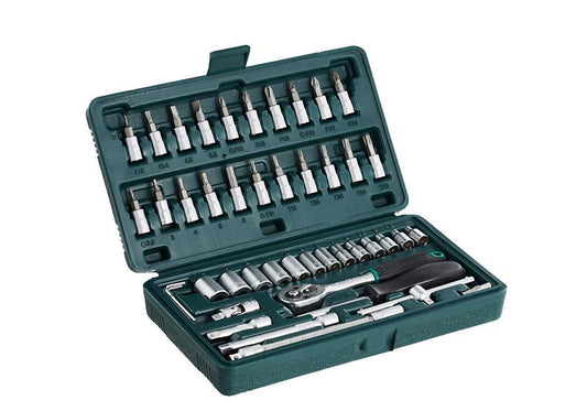 Wukusy 46-piece black metal socket set with 14 various sizes for hardware and tool assembly.