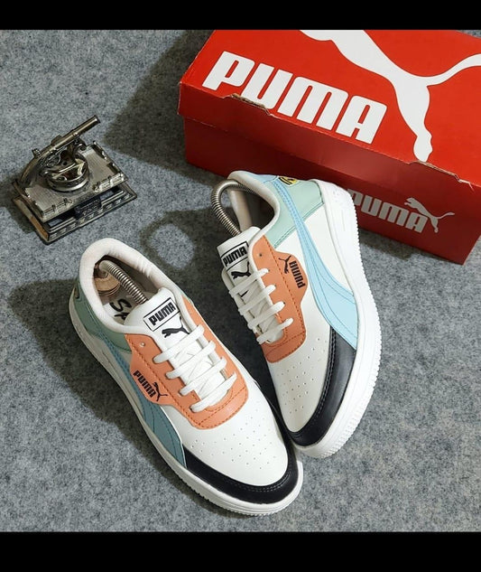 White and sky blue men's sneakers by 4597, size 6, featuring a stylish design with comfortable athletic soles.