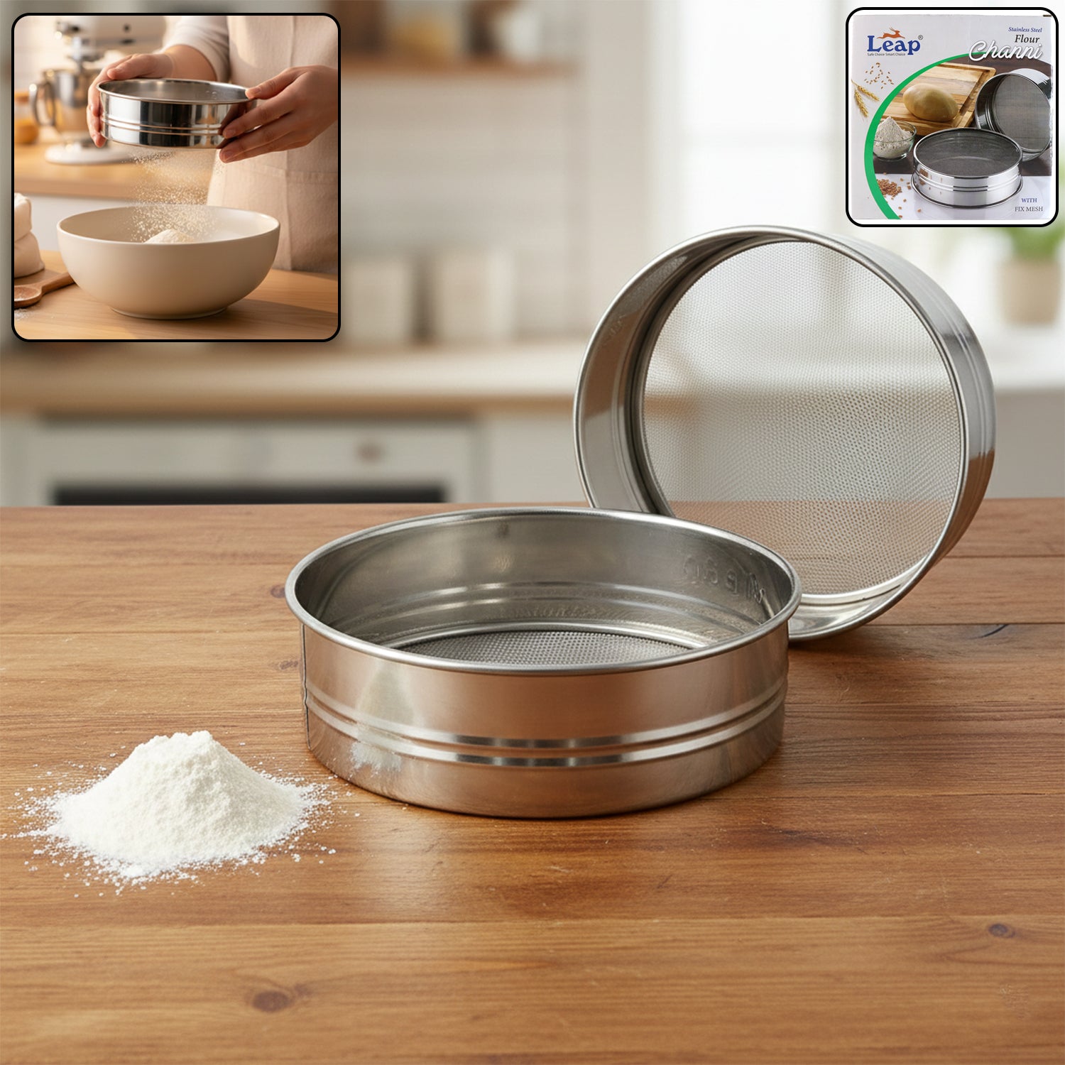 Wukusy stainless steel fine mesh atta chalni sieve set with two different-sized sieves for sifting flour and spices.