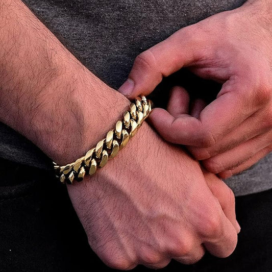 Men's Cuban link chain bracelet in 24k real gold plating, featuring a bold, stylish gold-plated design.